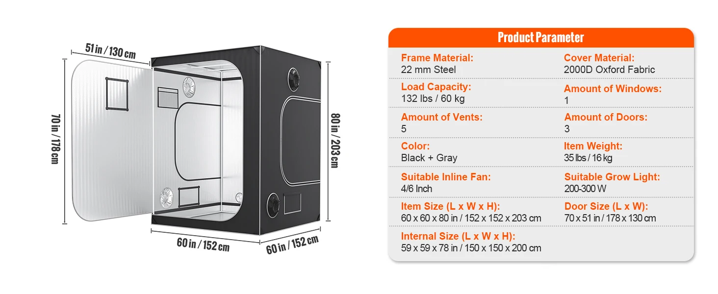 SucceBuy Grow Tent High Reflective 2000D Mylar Hydroponic Growing Tent with Observation Window Tool Bag for Indoor Plant Growing