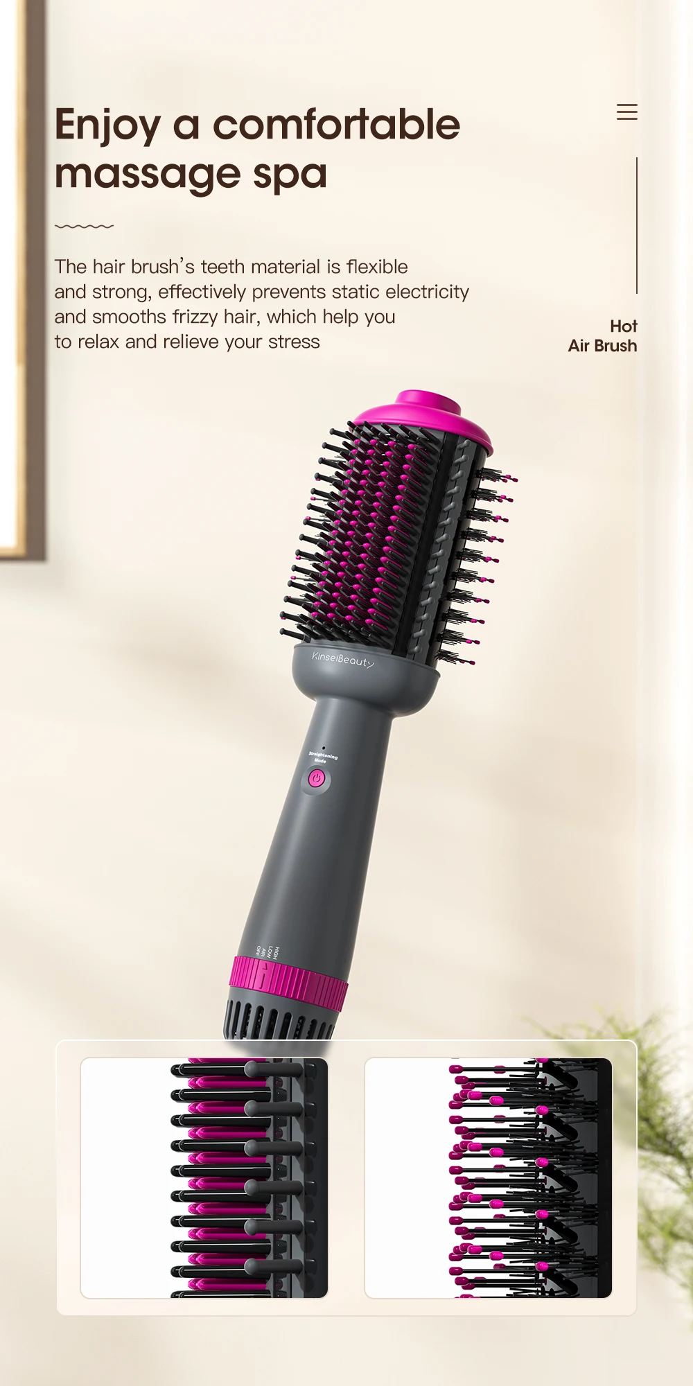 Kinseibeauty Hair Dryer and Straightening Brush 2IN1 Ion Hair Straightener Hair Brush Electric Hot Air Brush Anti-ironing Blower
