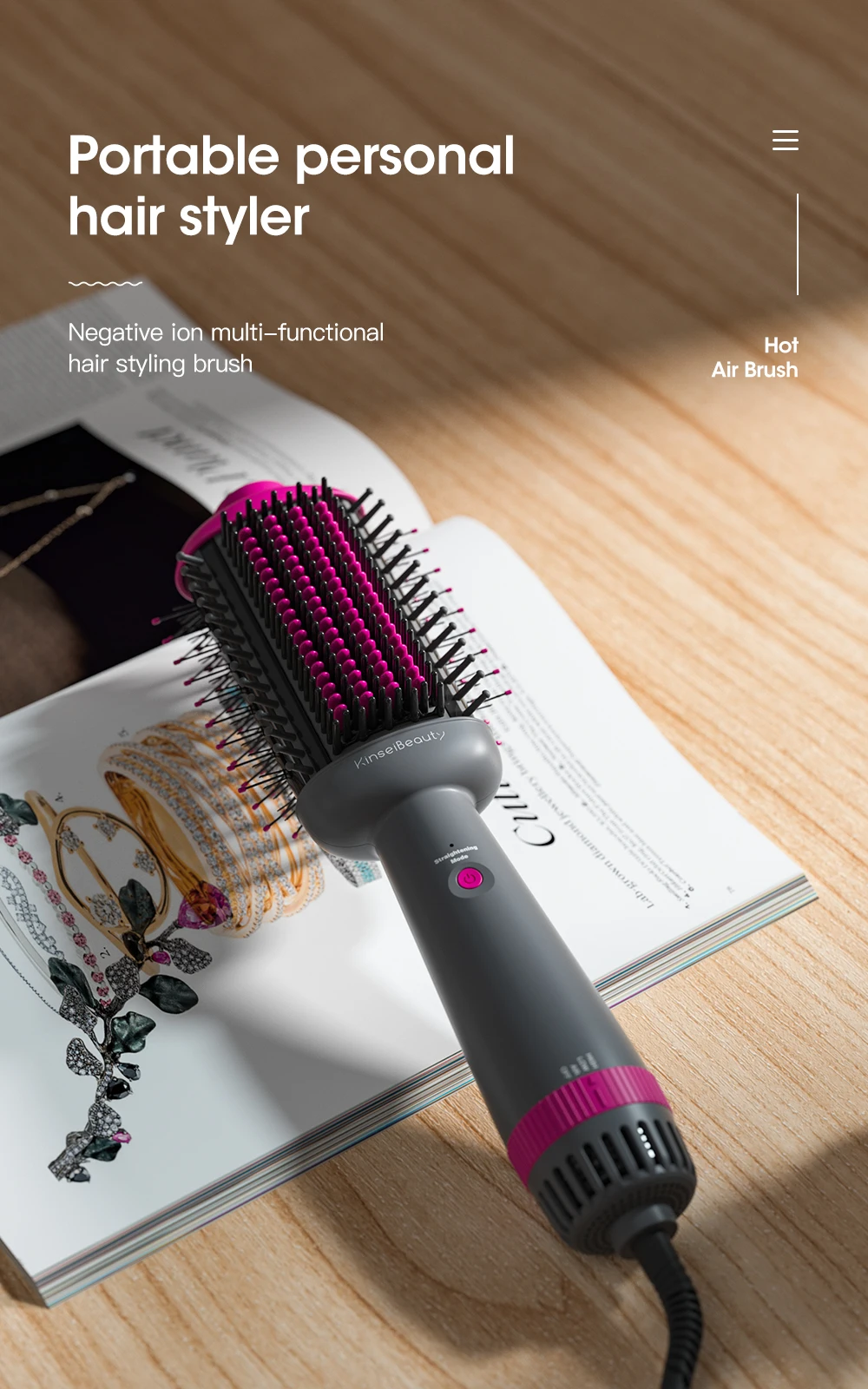 Kinseibeauty Hair Dryer and Straightening Brush 2IN1 Ion Hair Straightener Hair Brush Electric Hot Air Brush Anti-ironing Blower