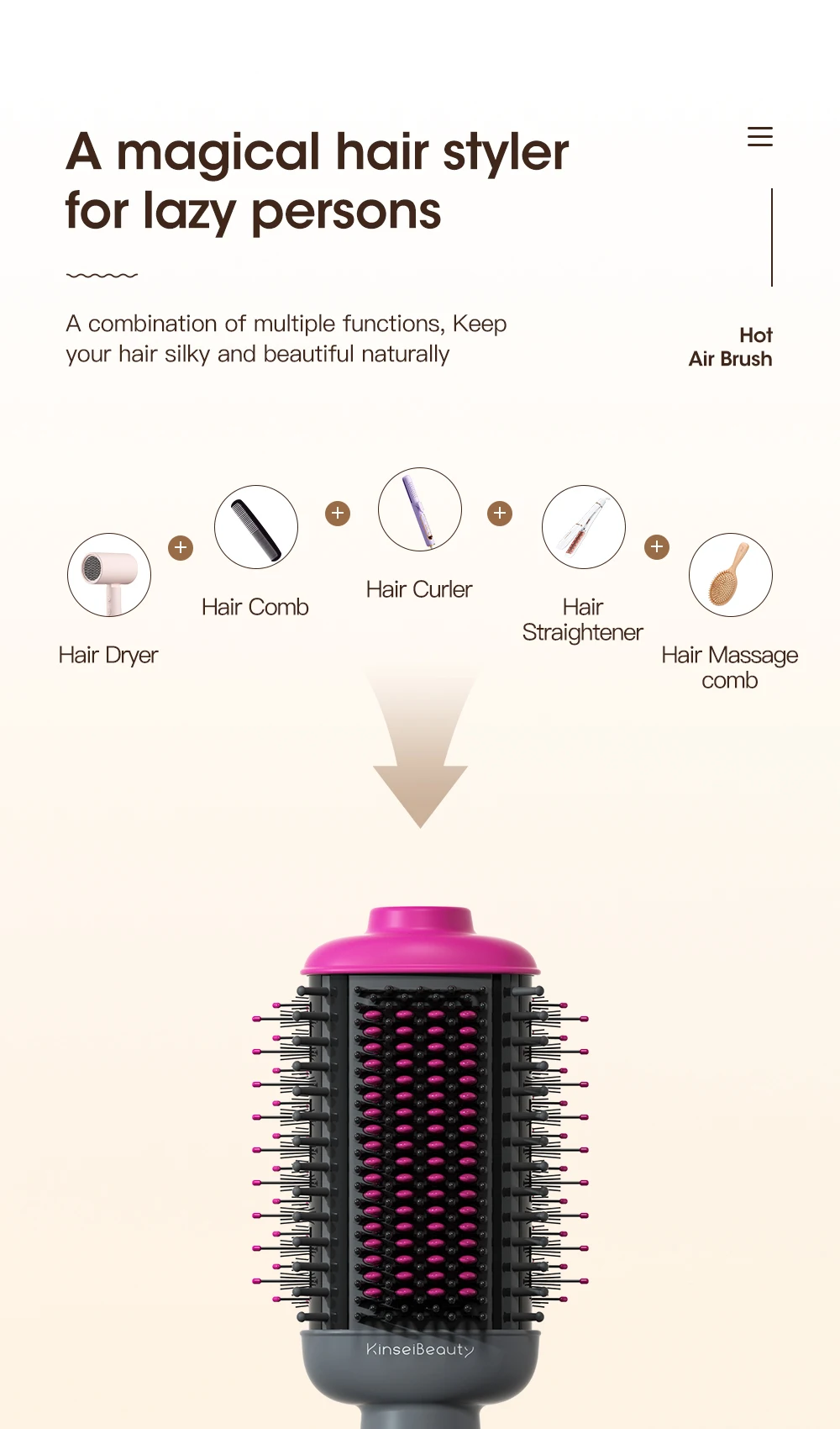 Kinseibeauty Hair Dryer and Straightening Brush 2IN1 Ion Hair Straightener Hair Brush Electric Hot Air Brush Anti-ironing Blower
