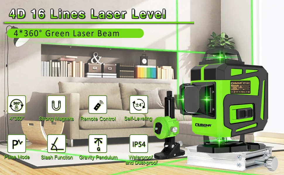 CLUBIONA 4D 16 lines Cross Line Laser Level Green Beam Line For Tiles Floor Multi function & Horizontal Vertical Self-Leveling