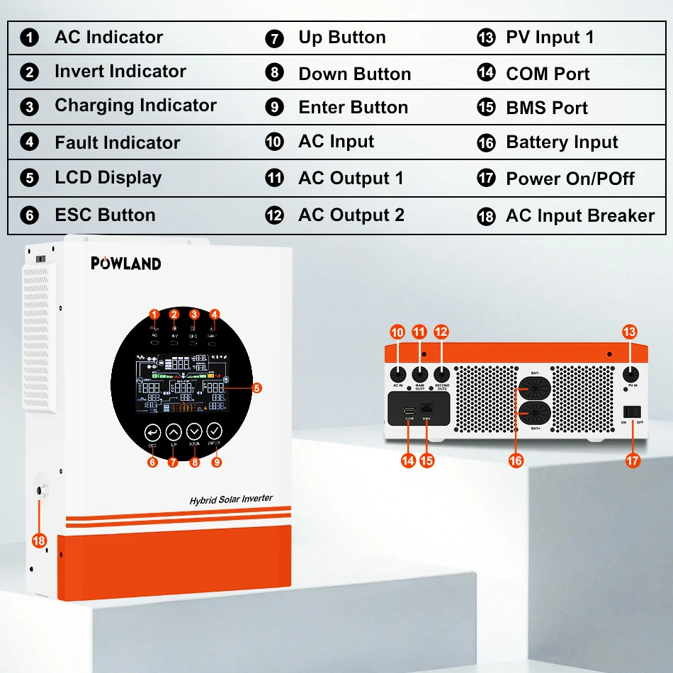 POWLAND 13KW Soalr Inverter MPPT 120A Charger PV Input 500Vdc 18000W 220VAC 48VDC Pure Sine Wave inverter DC/AC With WiFI BMS