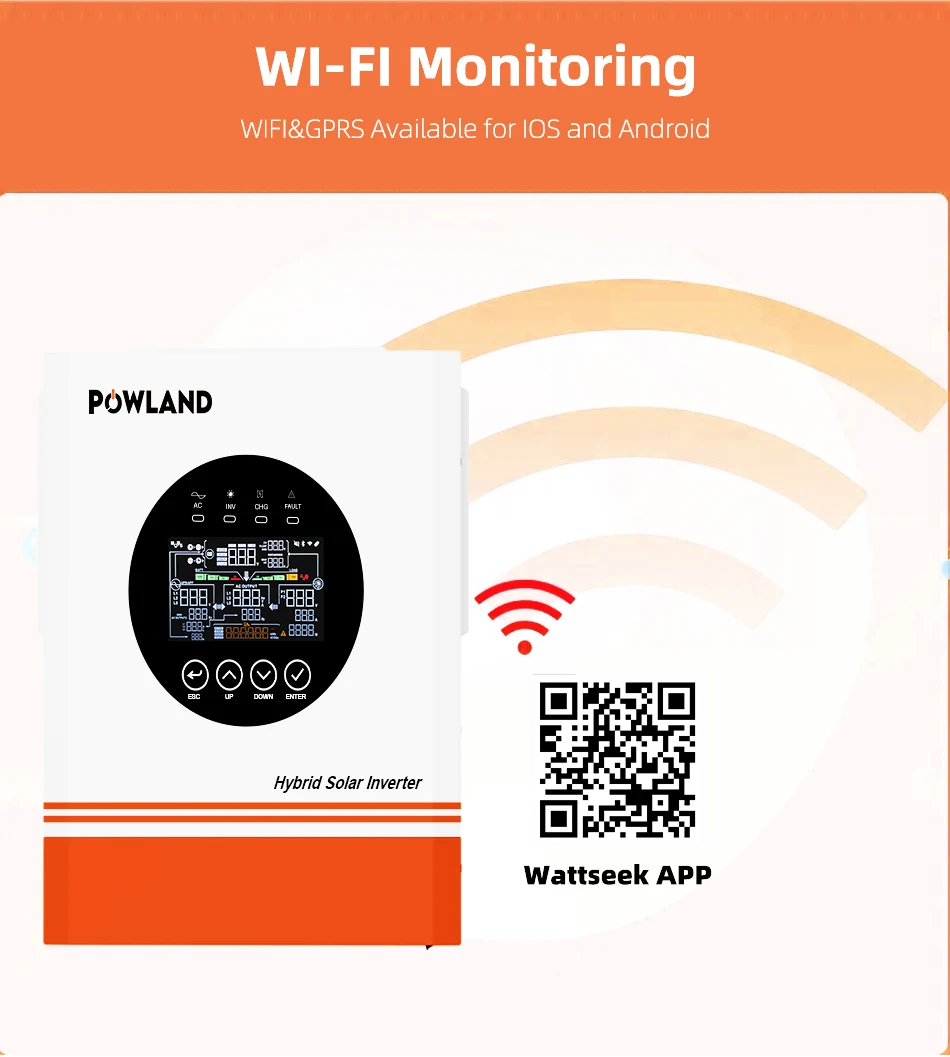 POWLAND 13KW Soalr Inverter MPPT 120A Charger PV Input 500Vdc 18000W 220VAC 48VDC Pure Sine Wave inverter DC/AC With WiFI BMS