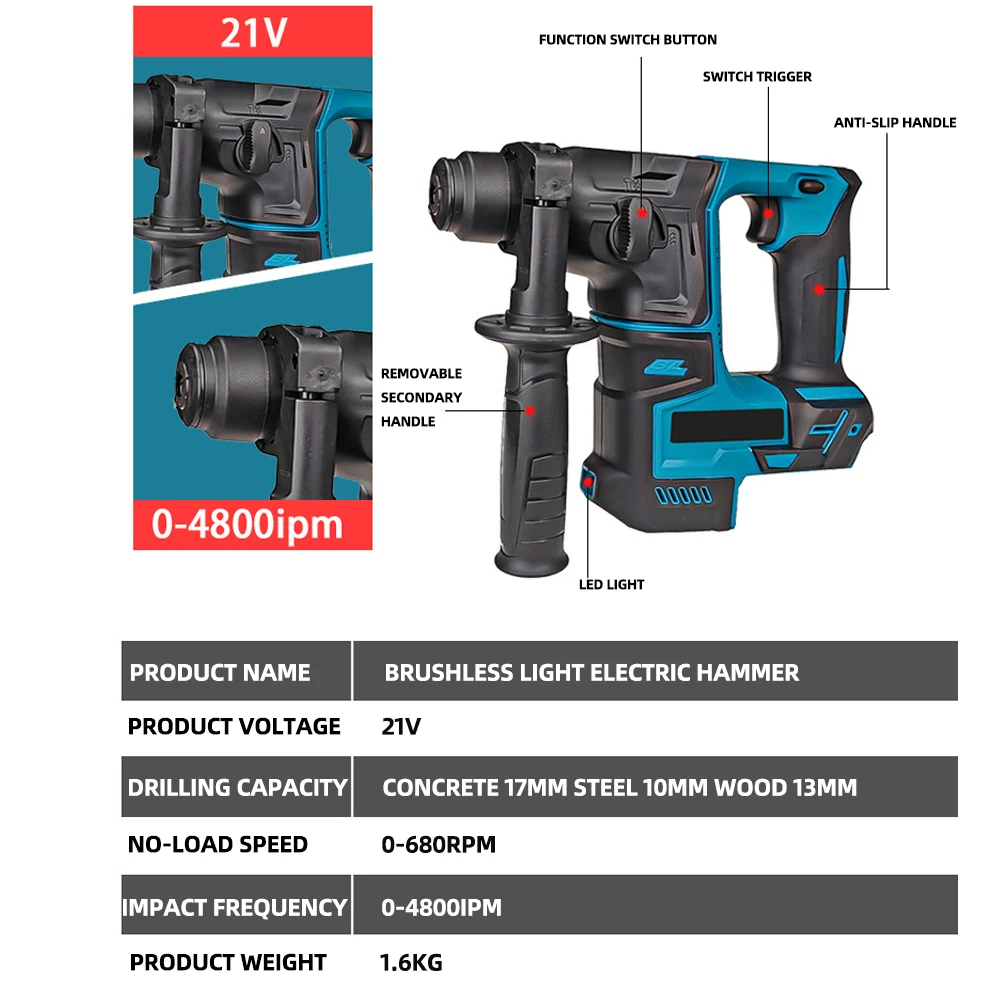 4800ipm Cordless Electric Hammer Drill Dual Functionality 680rpm Speed for Concrete Steel Wood Drilling Needs