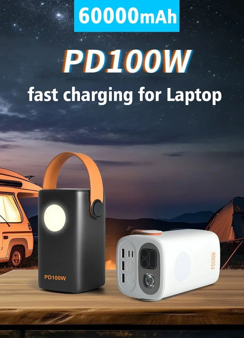 Large Capacity 60000mAh Power Bank For Laptop 100W Super Fast Charging Portable External Spare Battery For iPhone Xiaomi Outdoor