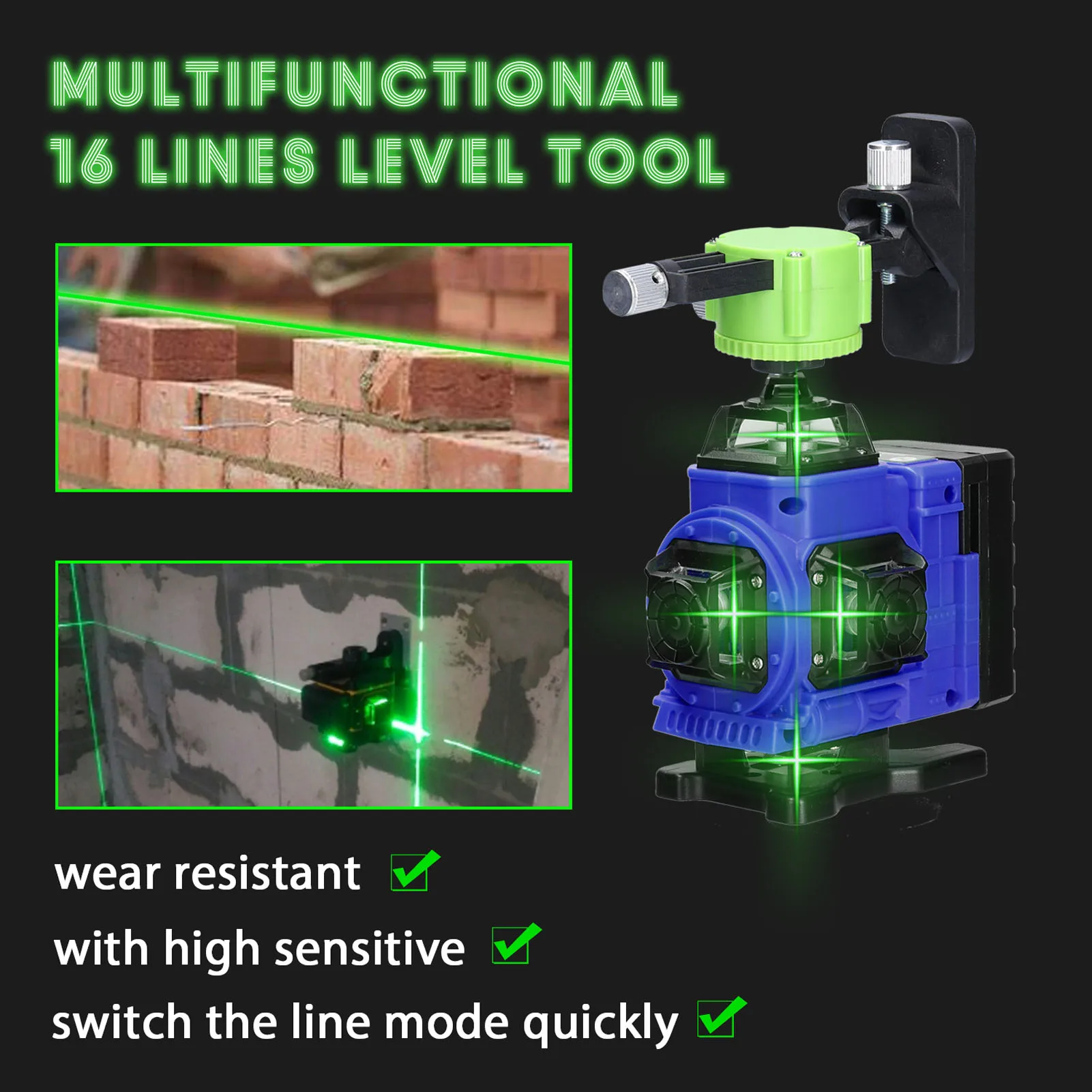 Multifunctional 16 Lines Green Light Laser Level 4D Self-leveling Machine Lithium Battery 360 Leveling Tool Ground Wall Sticker