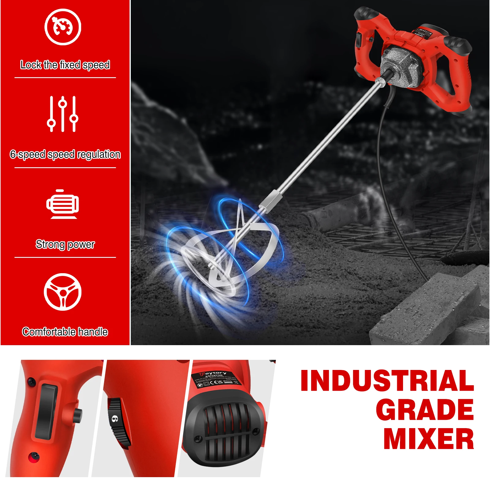 550W Electric Concrete Mixer Industrial Mixer M14 Agitator 6 Variable Speeds Agitator Machine for Mixing Paint, Cement, 2 Colors