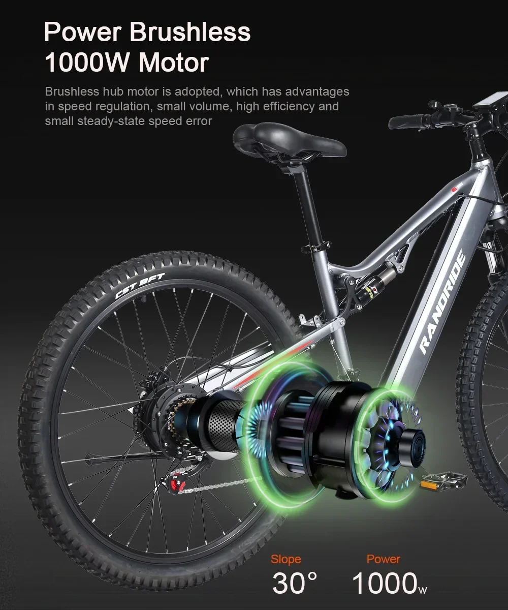 YG90 E-bike 1000W Motor 48V17AH Lithium Battery 27.5 inch All terrain Tire Electric Bicycle Hydraulic Brake Adult Electric Bike