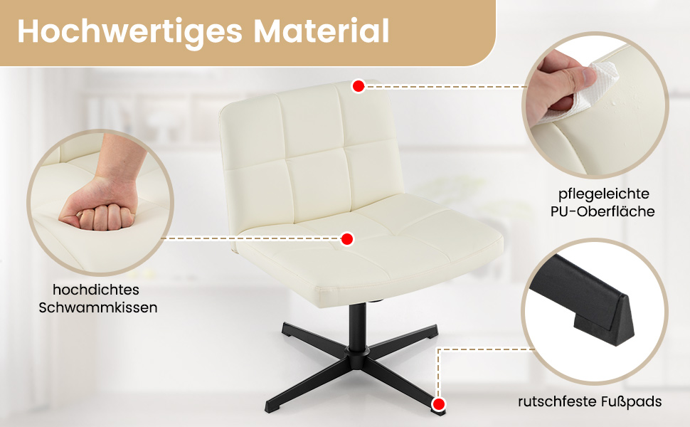 Office chair without armrests, desk chair with wide seat & rocking function, computer chair without wheels, swivel chair