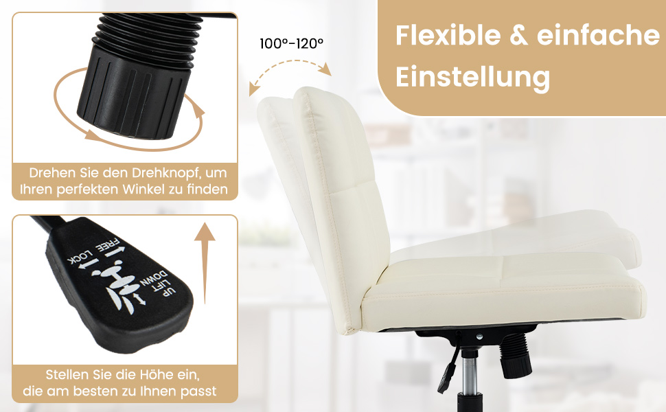 Office chair without armrests, desk chair with wide seat & rocking function, computer chair without wheels, swivel chair