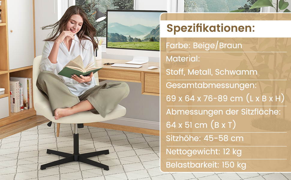 Office chair without armrests, desk chair with wide seat & rocking function, computer chair without wheels, swivel chair