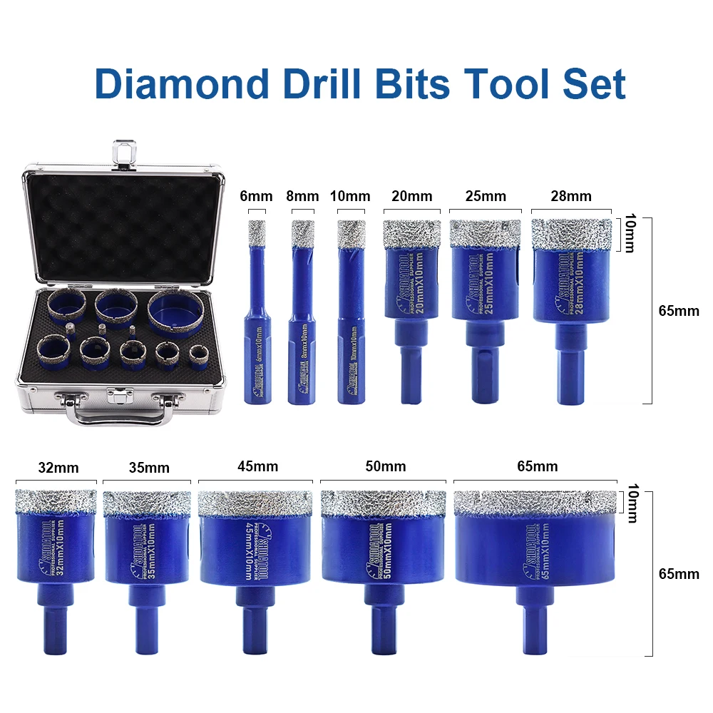 SHDIATOOL 11Pcs Vacumm Brazed Diamond Drilling Bits Kit Dia6-65mm Triangle Shank Drill Core Bit For Marble Ceramic Tile Granite