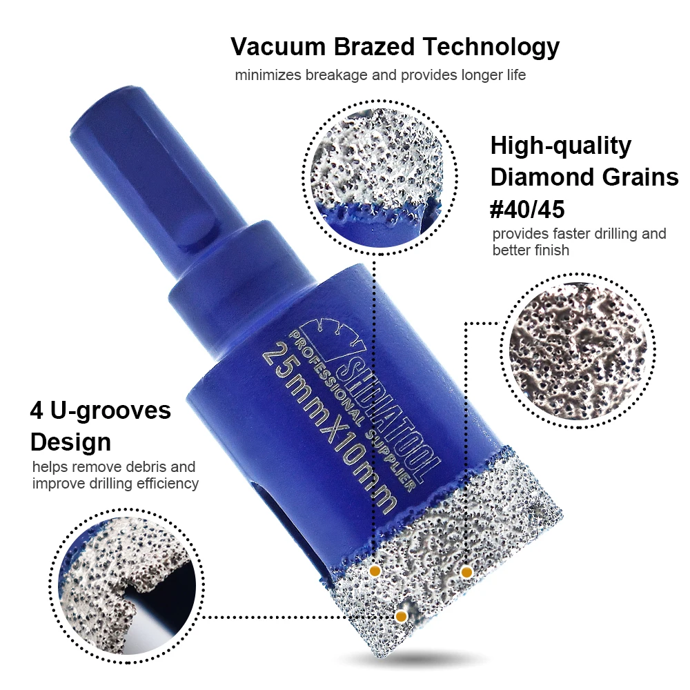 SHDIATOOL 11Pcs Vacumm Brazed Diamond Drilling Bits Kit Dia6-65mm Triangle Shank Drill Core Bit For Marble Ceramic Tile Granite