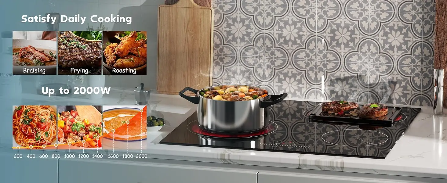 Karinear Ceramic Hob 4 Zones 60cm Built in, Expandable Oval Area, Sliding Control, Safety Lock, Timer, without Plug, Hard wired