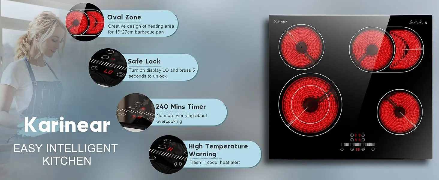 Karinear Ceramic Hob 4 Zones 60cm Built in, Expandable Oval Area, Sliding Control, Safety Lock, Timer, without Plug, Hard wired