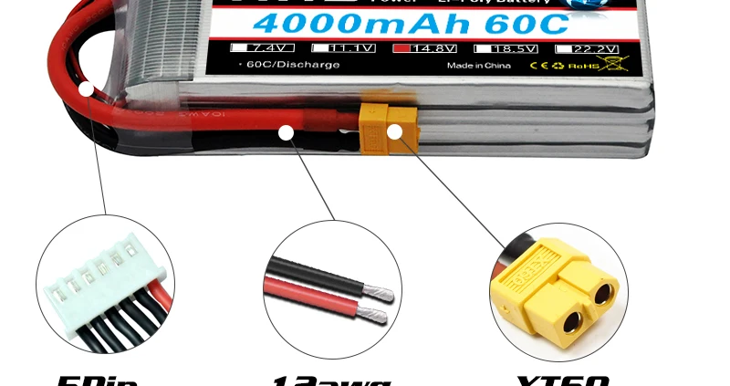 HRB 14.8V 4000mah Lipo Battery 4S XT60 T Deans XT90 EC5 For Hexacopter Quadcopter FPV Airplanes Car Racing Boat RC Parts 60C