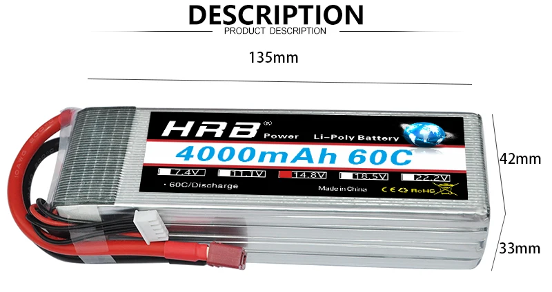 HRB 14.8V 4000mah Lipo Battery 4S XT60 T Deans XT90 EC5 For Hexacopter Quadcopter FPV Airplanes Car Racing Boat RC Parts 60C