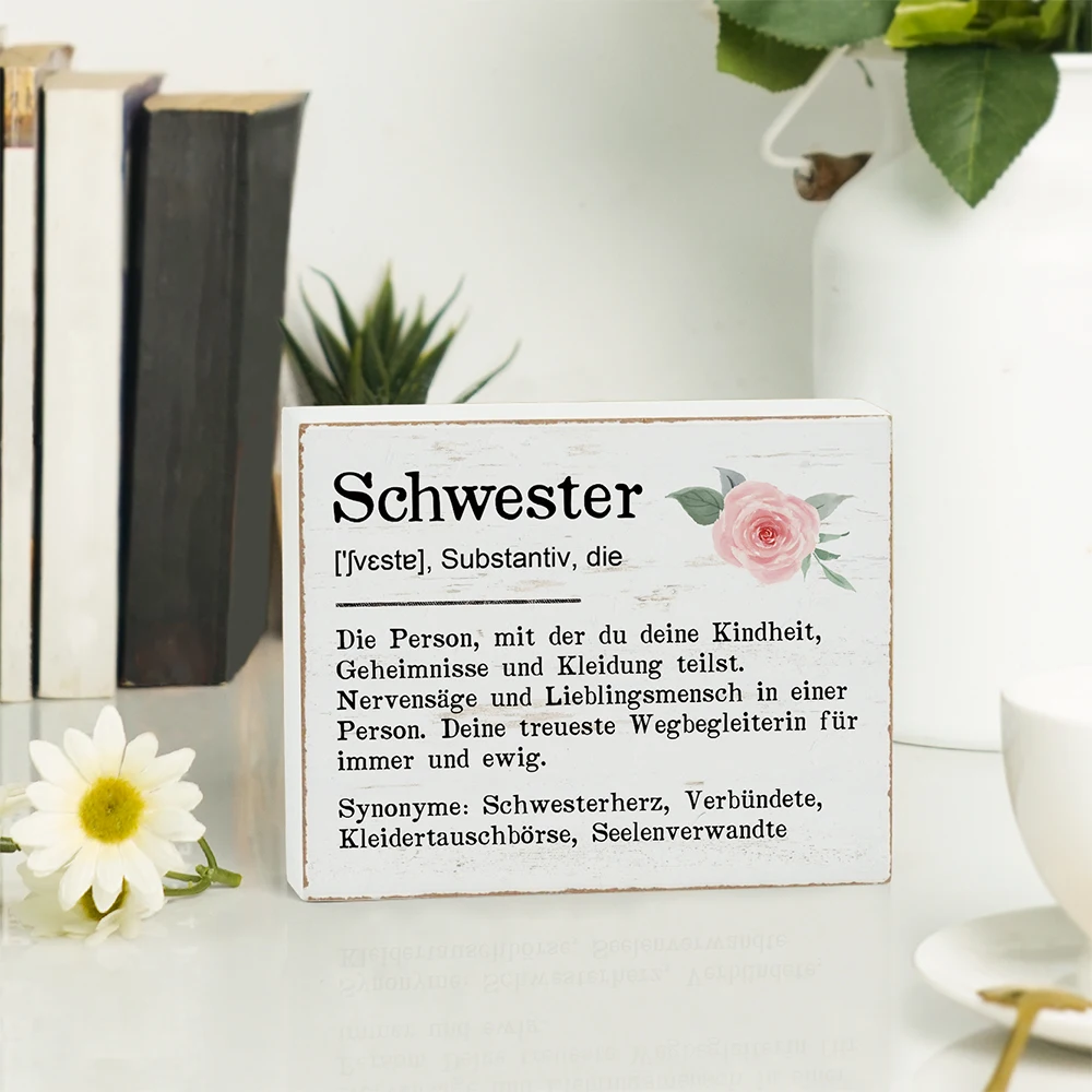 Putuo Decor German Box Wooden Sign, Schwester ['ʃvɛstɐ], Substantiv, Die, Wood Plaque Desk Decor for Home Farmhouse Living Room