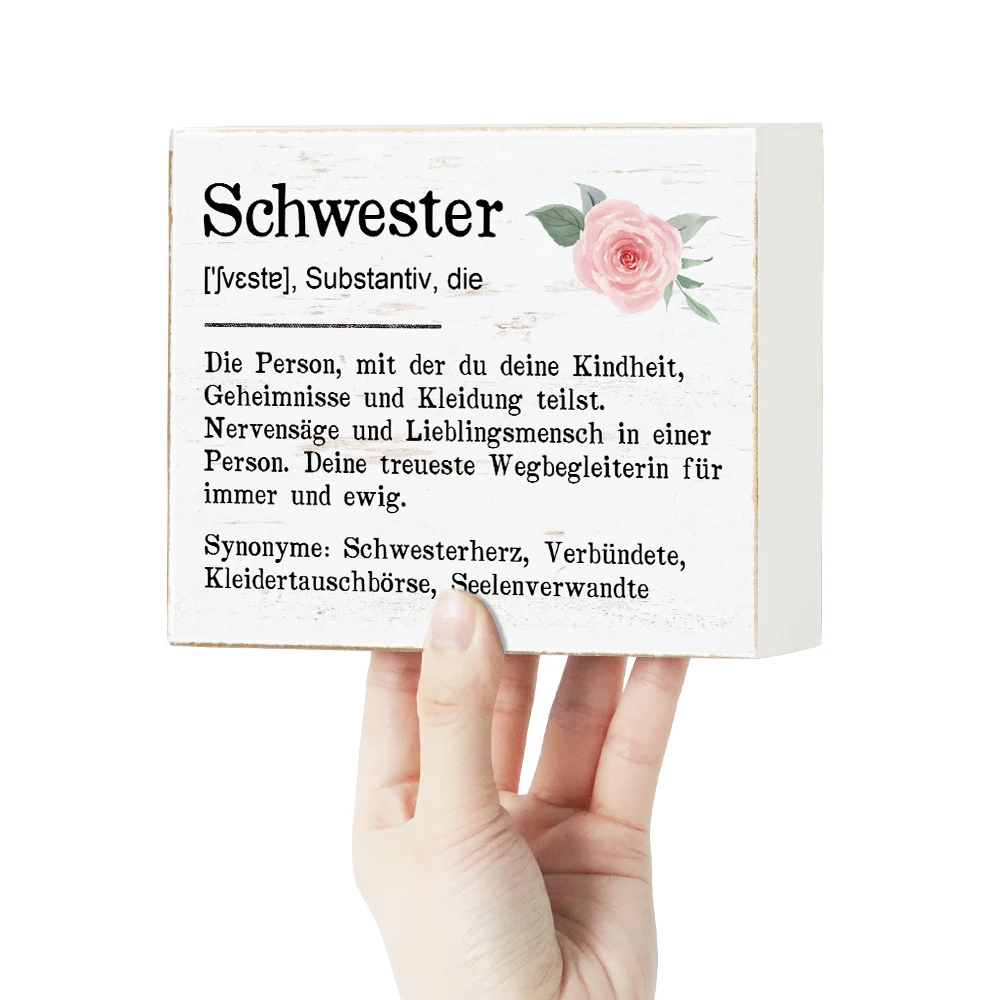 Putuo Decor German Box Wooden Sign, Schwester ['ʃvɛstɐ], Substantiv, Die, Wood Plaque Desk Decor for Home Farmhouse Living Room