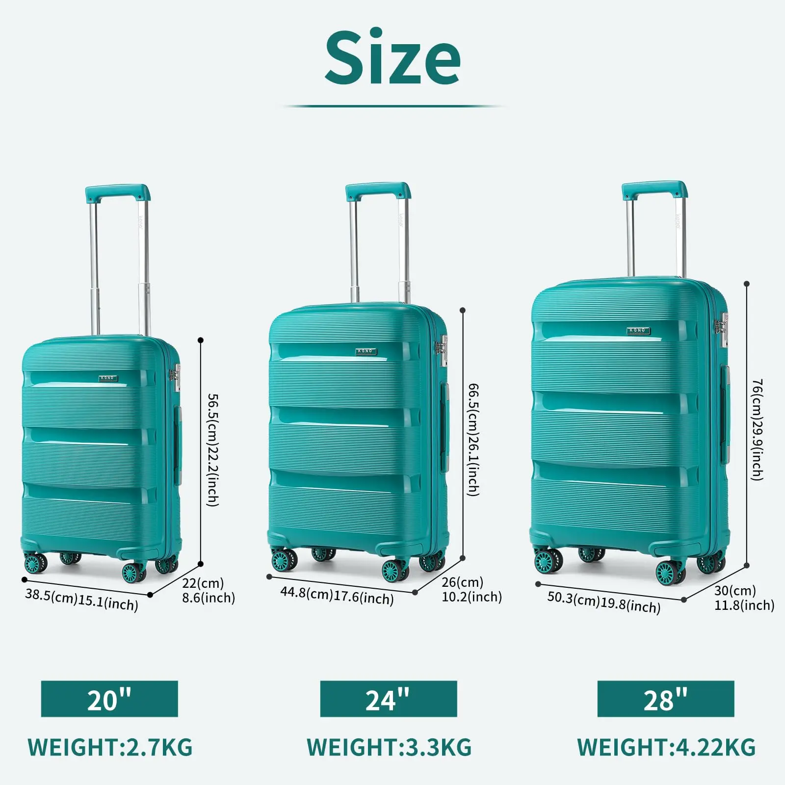 KONO hand luggage trolley suitcase with TSA lock, 4 twin wheels, stylish polypropylene hard-shell case