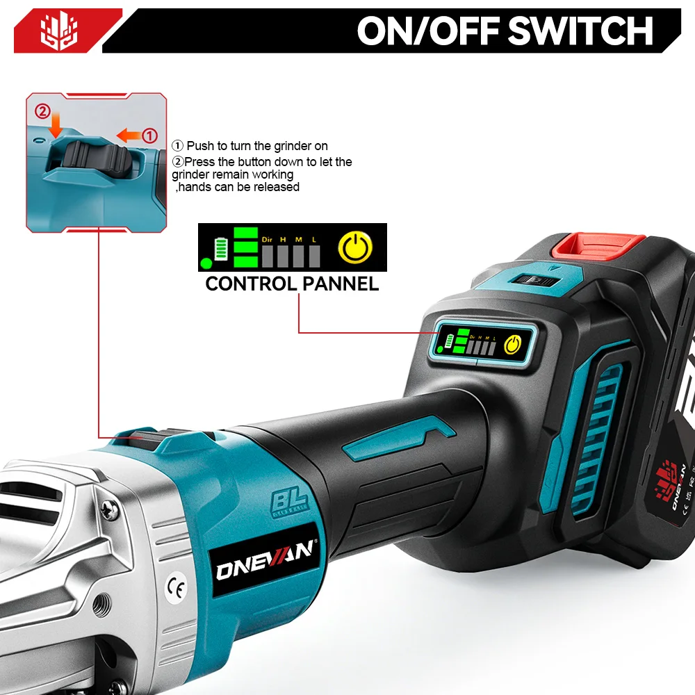 ONEVAN 125MM Brushless Electric Angle Grinder 6 Gears Cordless PolishIing Grinding Cutting Power Tools For Makita Battery Pin