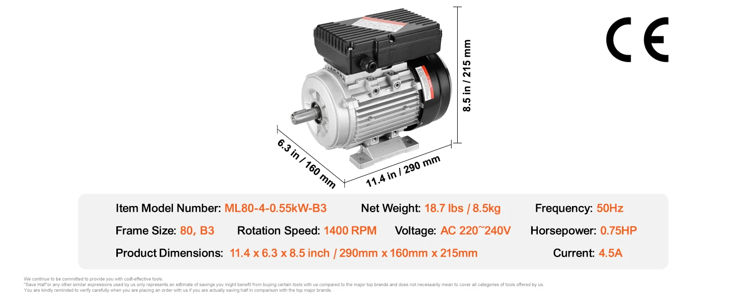 SucceBuy 0.55KW Electric Motor AC Air Compressor Motor Single Phase 19mm Keyed Shaft CW/CCW Rotation for Agricultural Machinery