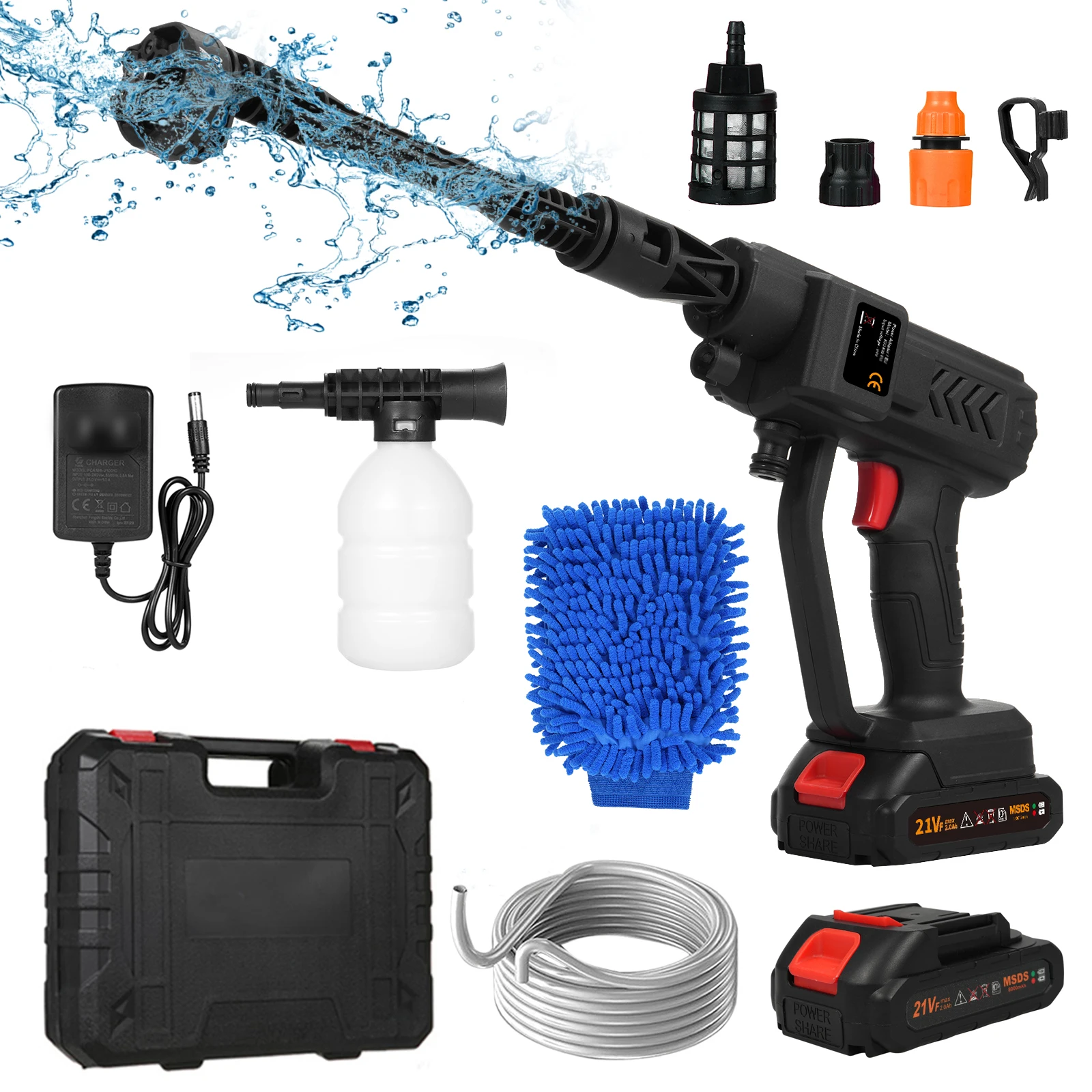Handheld Pressure Washer Portable Powerful 21V Car Wash Gun 2pcs Rechargeable Battery for Home Floor Cleaning Watering w/ Gloves