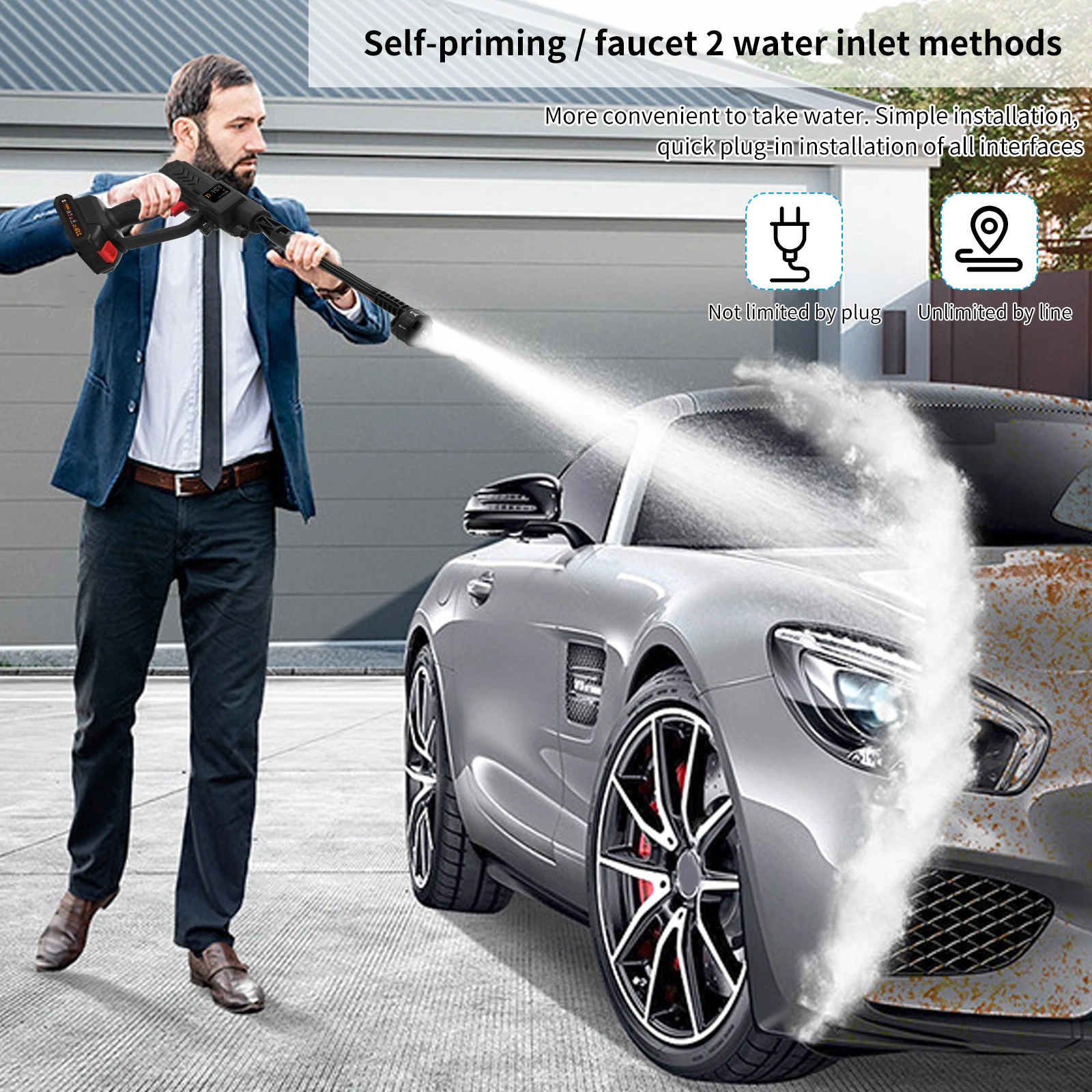 Handheld Pressure Washer Portable Powerful 21V Car Wash Gun 2pcs Rechargeable Battery for Home Floor Cleaning Watering w/ Gloves