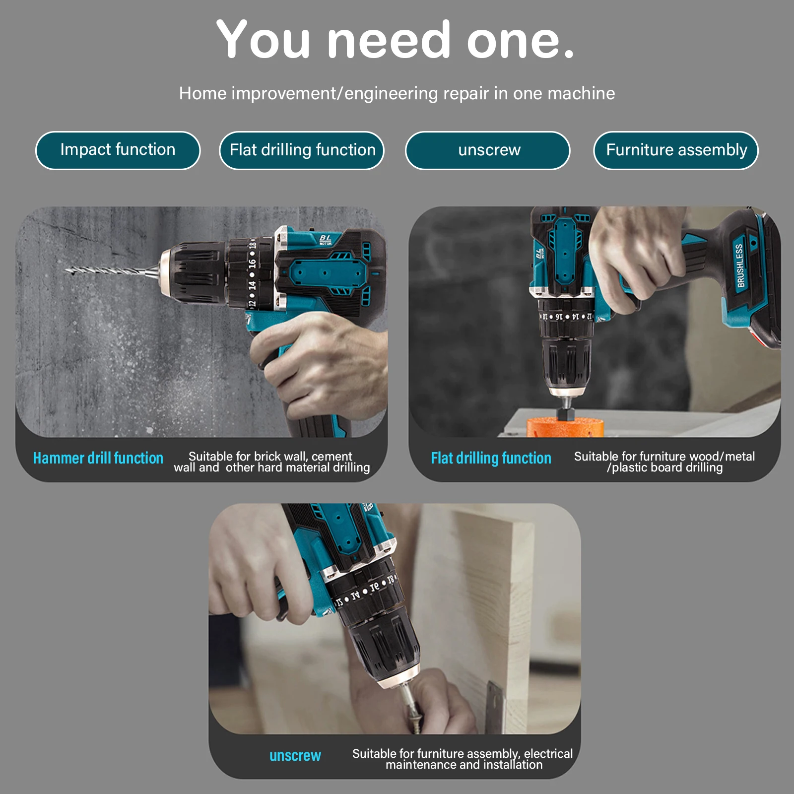 Cordless Electric Drill Impact Driver Rechargeable 10mm Brushless Motor Impact Electric Screwdriver Variable Speed Power Tool