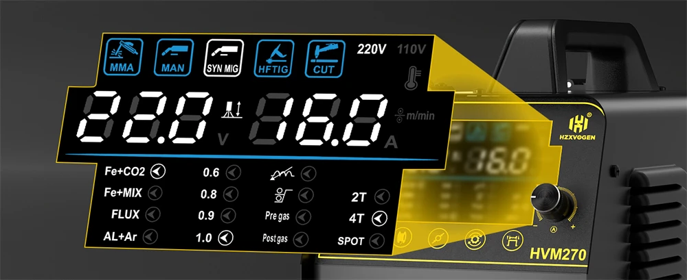HHZXVOGEN HVM270 6 in 1 Aluminum Welding Machine Cut/Gas MIG/Gasless MIG/HF TIG/MMA ARC Stick Digital Screen 2T/4T Spot Inverter Welder for Stainless Cast Iron Multi-process Plasma Cutter Welder Combo