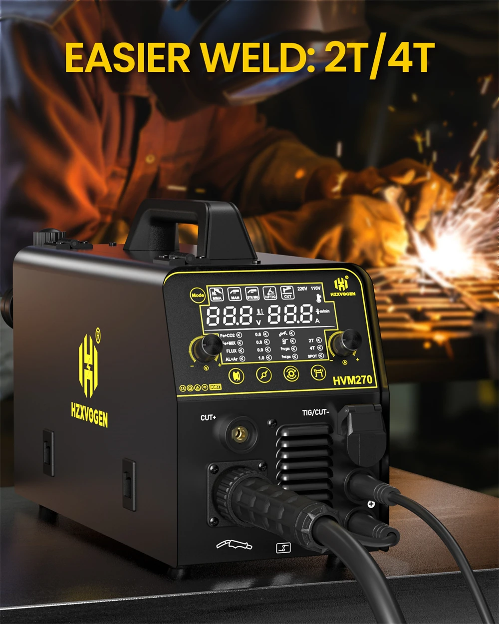 HHZXVOGEN HVM270 6 in 1 Aluminum Welding Machine Cut/Gas MIG/Gasless MIG/HF TIG/MMA ARC Stick Digital Screen 2T/4T Spot Inverter Welder for Stainless Cast Iron Multi-process Plasma Cutter Welder Combo