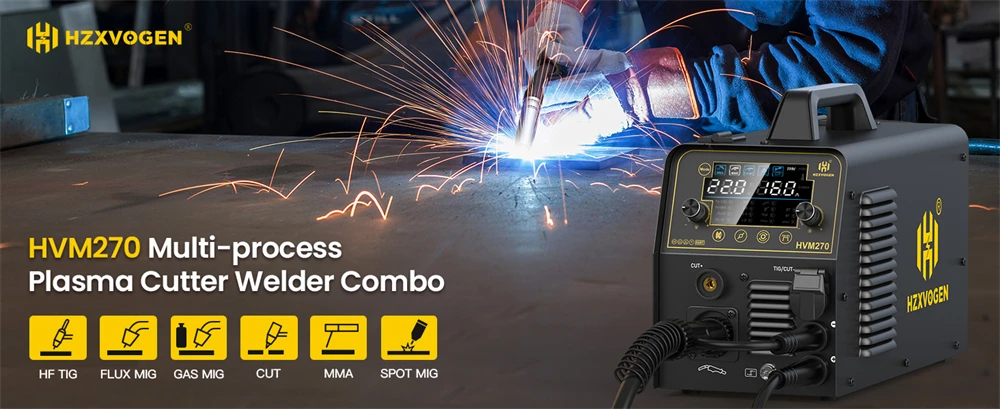 HHZXVOGEN HVM270 6 in 1 Aluminum Welding Machine Cut/Gas MIG/Gasless MIG/HF TIG/MMA ARC Stick Digital Screen 2T/4T Spot Inverter Welder for Stainless Cast Iron Multi-process Plasma Cutter Welder Combo