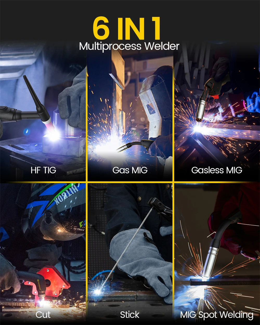 HHZXVOGEN HVM270 6 in 1 Aluminum Welding Machine Cut/Gas MIG/Gasless MIG/HF TIG/MMA ARC Stick Digital Screen 2T/4T Spot Inverter Welder for Stainless Cast Iron Multi-process Plasma Cutter Welder Combo
