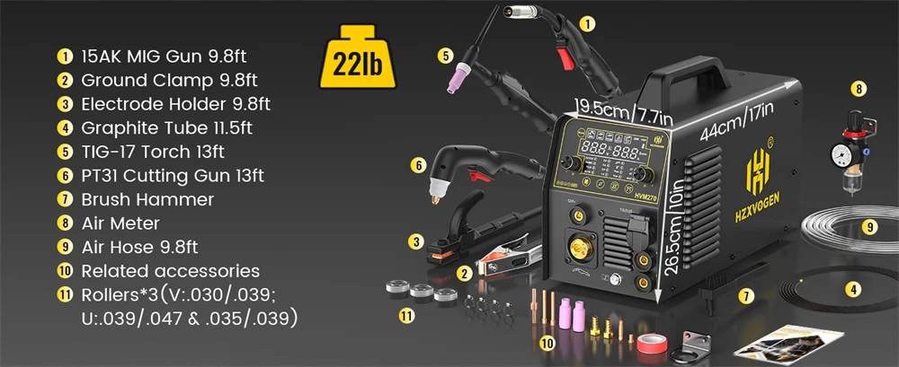 HHZXVOGEN HVM270 6 in 1 Aluminum Welding Machine Cut/Gas MIG/Gasless MIG/HF TIG/MMA ARC Stick Digital Screen 2T/4T Spot Inverter Welder for Stainless Cast Iron Multi-process Plasma Cutter Welder Combo