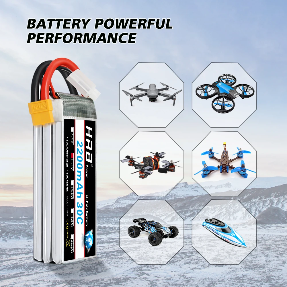1/2PCS HRB 3S Lipo Battery 11.1v 2200mah RC battery 30C with XT60 connector for RC 1/16 1/12 Car Truck Drone Airplane 105*34*24