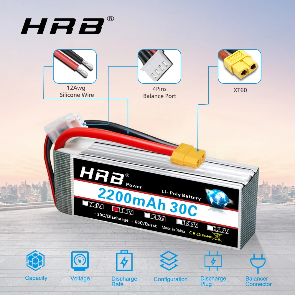 1/2PCS HRB 3S Lipo Battery 11.1v 2200mah RC battery 30C with XT60 connector for RC 1/16 1/12 Car Truck Drone Airplane 105*34*24