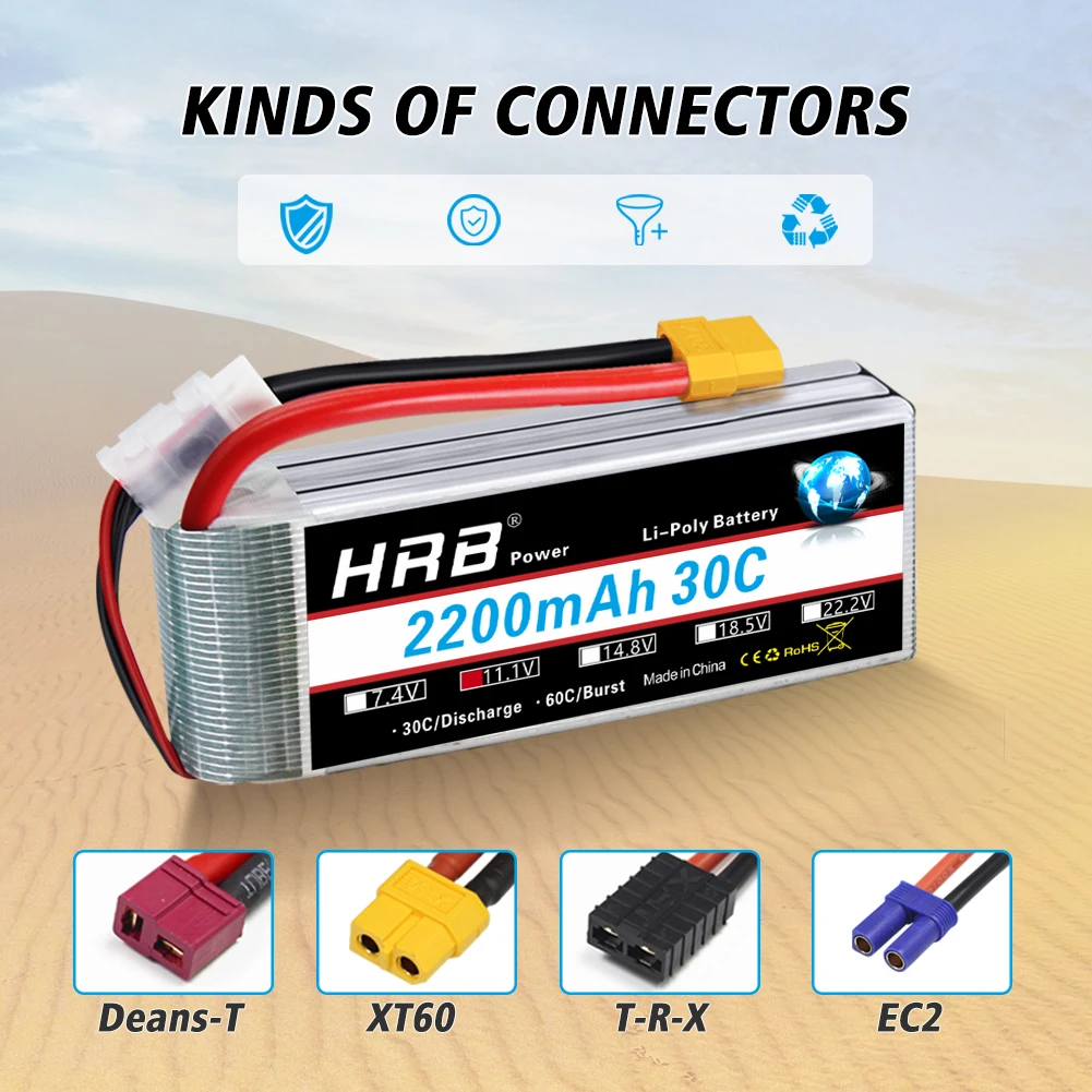 1/2PCS HRB 3S Lipo Battery 11.1v 2200mah RC battery 30C with XT60 connector for RC 1/16 1/12 Car Truck Drone Airplane 105*34*24