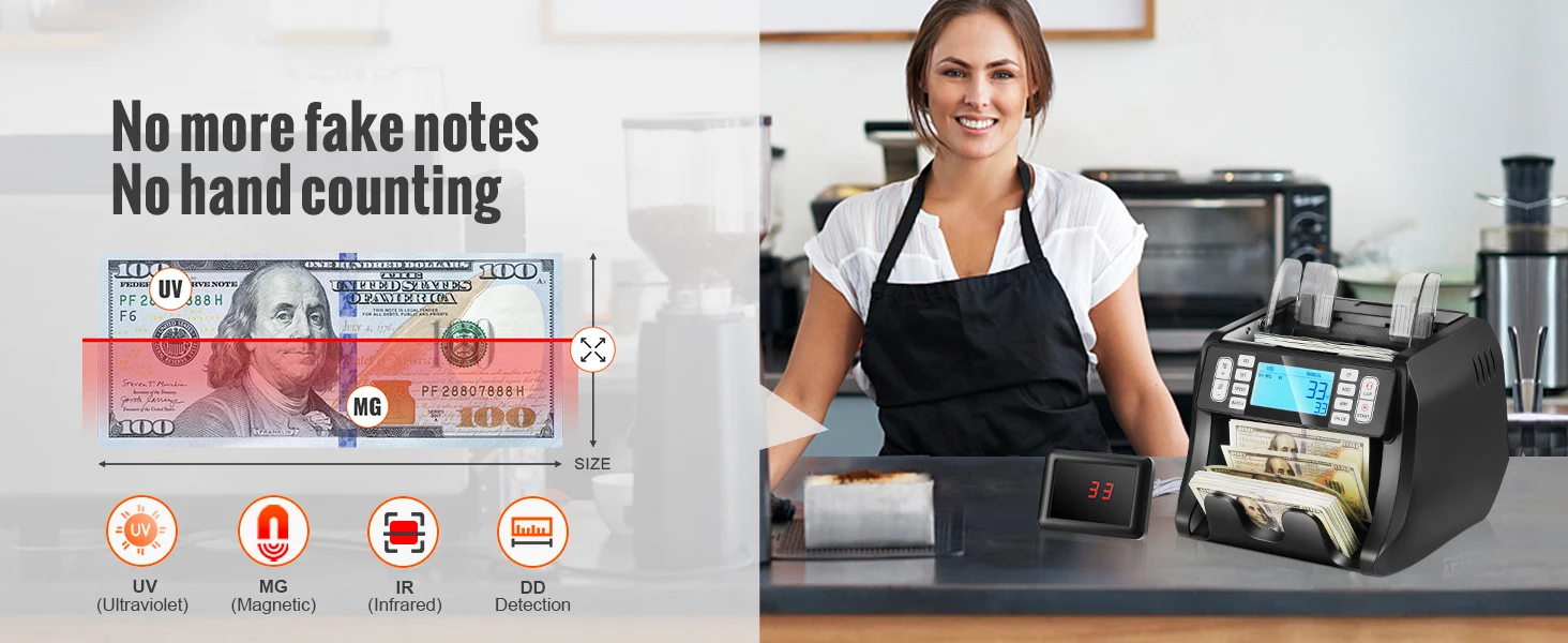 SucceBuy 1200 Pcs/Min Money Counter Business Cash Register Bill Counterfeit Bill Detector by UV/MG/IR/DD Function for Bank Store
