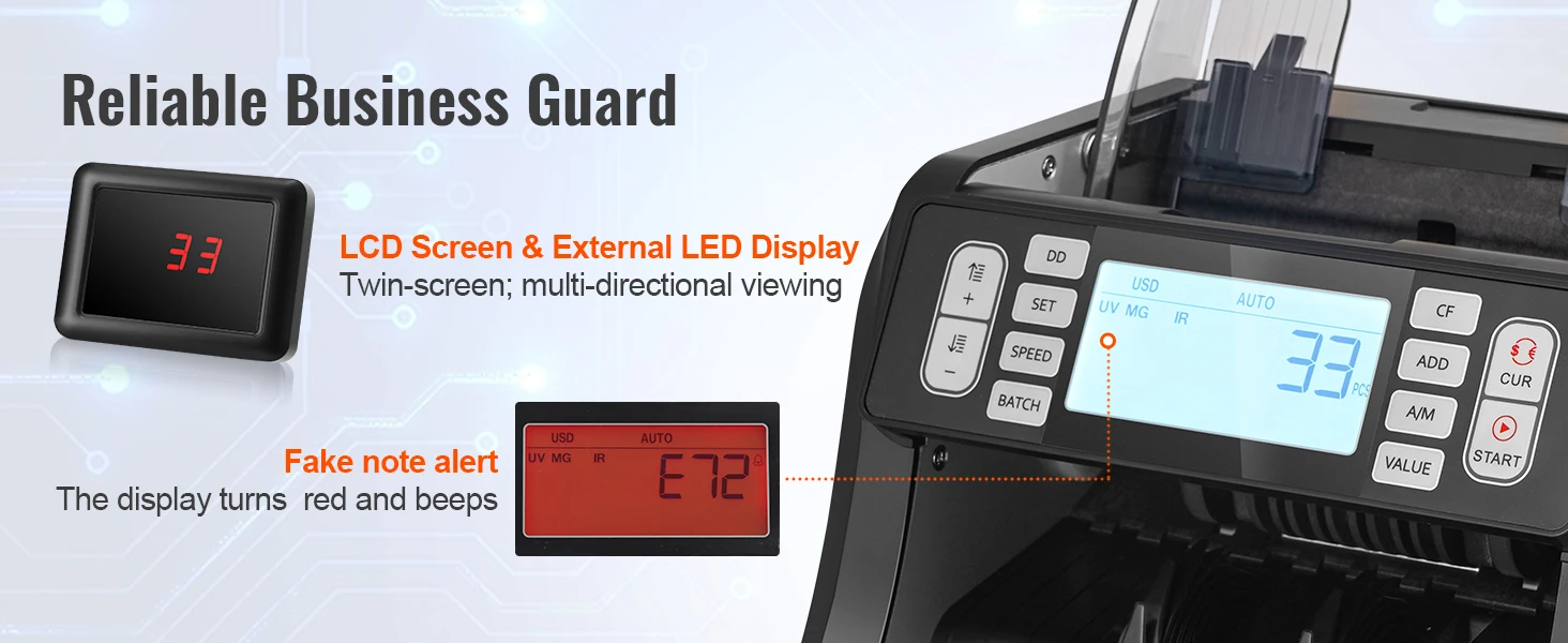 SucceBuy 1200 Pcs/Min Money Counter Business Cash Register Bill Counterfeit Bill Detector by UV/MG/IR/DD Function for Bank Store