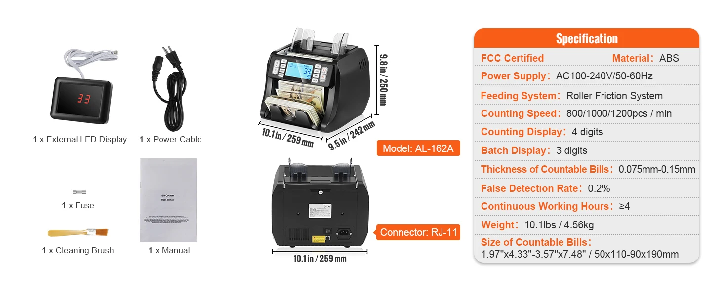 SucceBuy 1200 Pcs/Min Money Counter Business Cash Register Bill Counterfeit Bill Detector by UV/MG/IR/DD Function for Bank Store