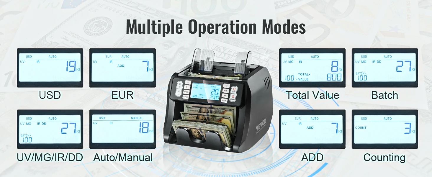 SucceBuy 1200 Pcs/Min Money Counter Business Cash Register Bill Counterfeit Bill Detector by UV/MG/IR/DD Function for Bank Store