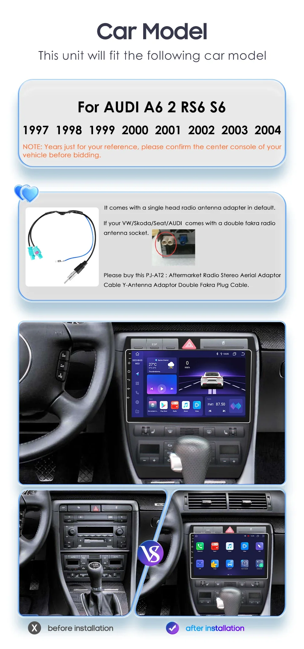 Hizpo 2Din 9inch CarPlay Andoird Auto Car Radio for Audi A6 RS6 S6 1997 - 2004 Navi GPS RDS DSP SWC BT 4G UI7862 Multimedia