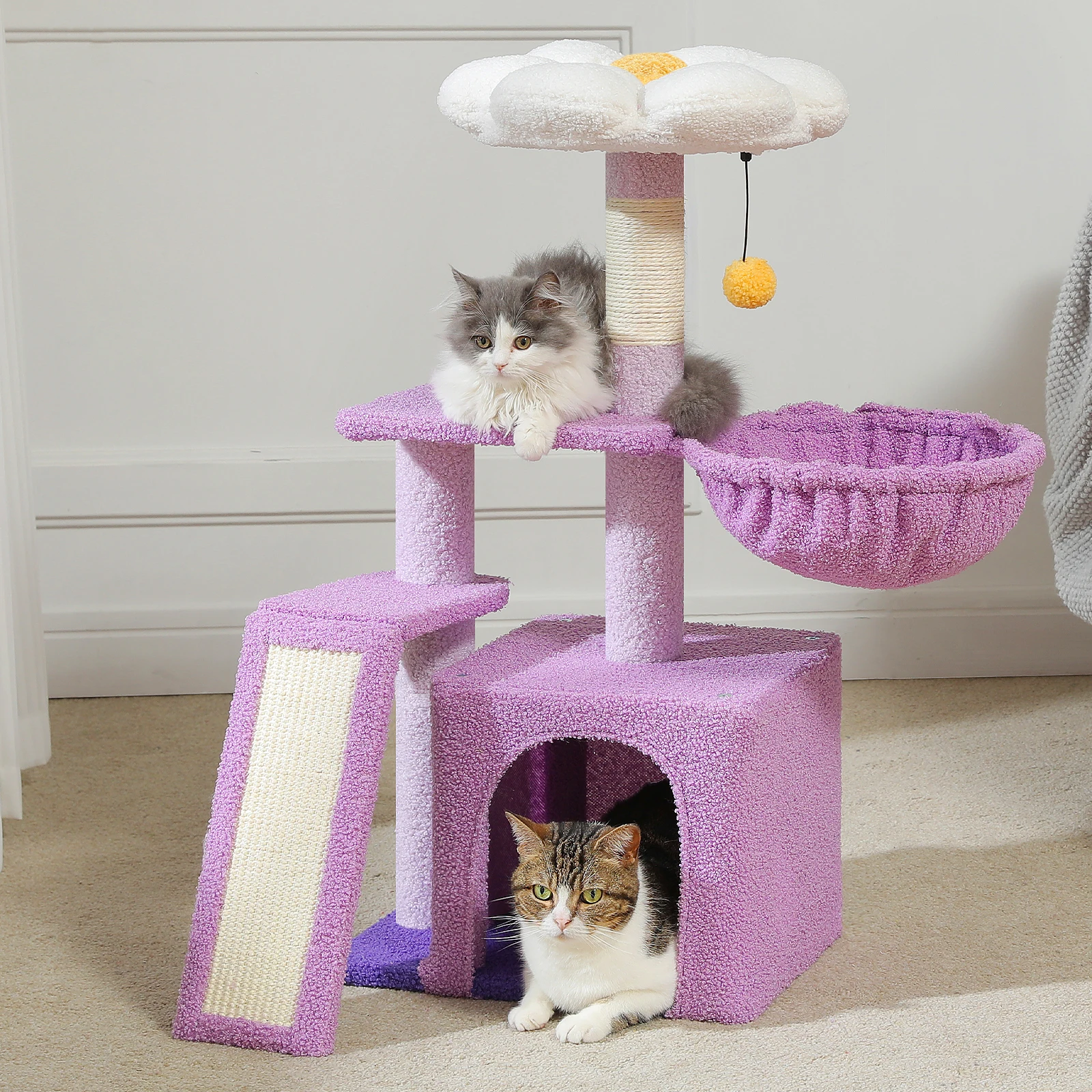 Small Cat Tree for Indoor Cats, Flower Cat Tower with Sisal Scratching Ramp, Cozy Hammock, Removable Flower Top Perch, Cat Condo