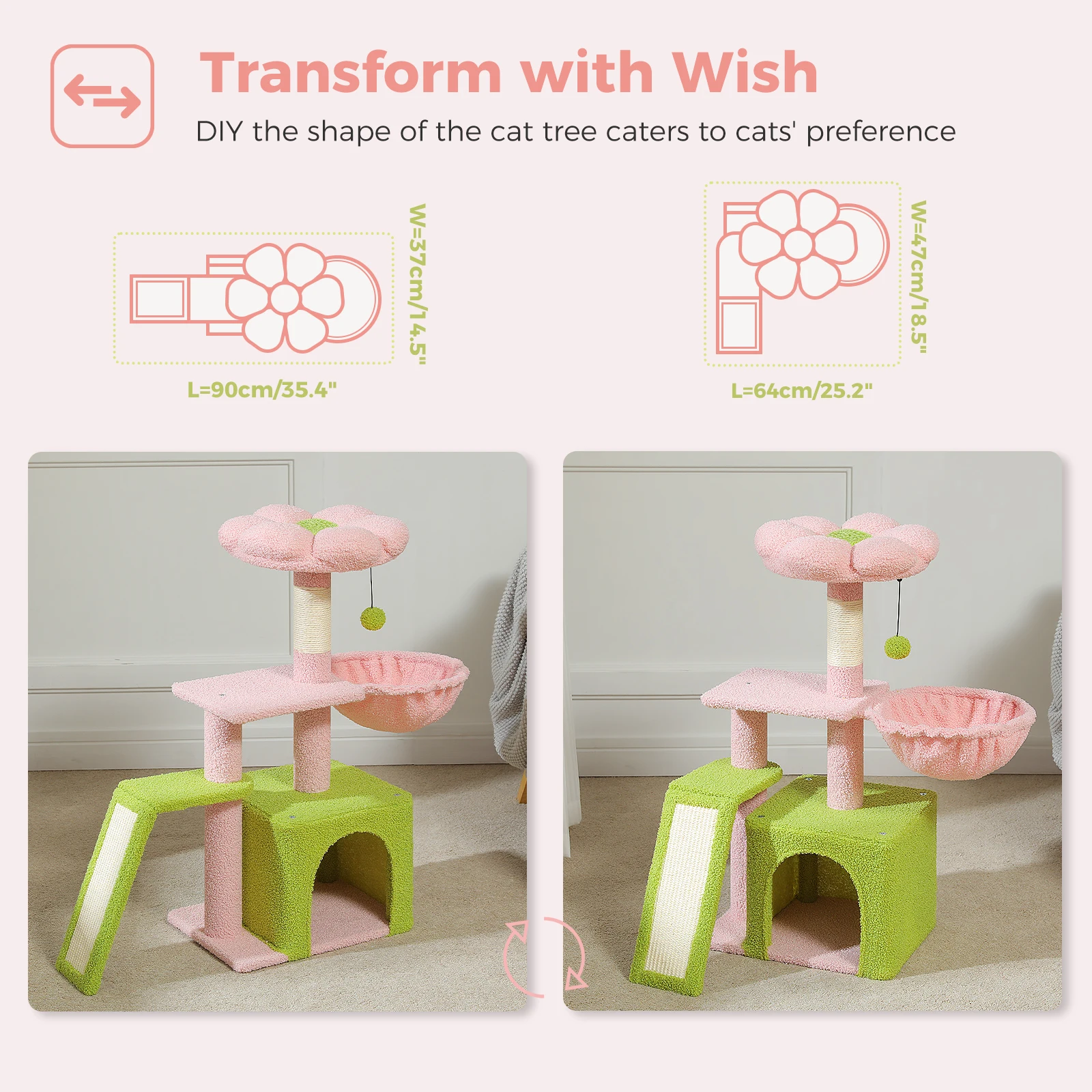 Small Cat Tree for Indoor Cats, Flower Cat Tower with Sisal Scratching Ramp, Cozy Hammock, Removable Flower Top Perch, Cat Condo