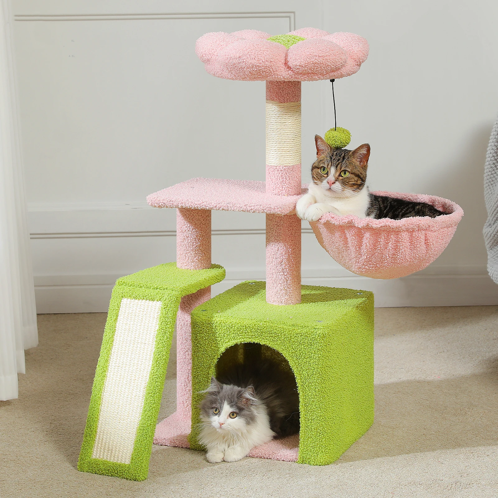 Small Cat Tree for Indoor Cats, Flower Cat Tower with Sisal Scratching Ramp, Cozy Hammock, Removable Flower Top Perch, Cat Condo