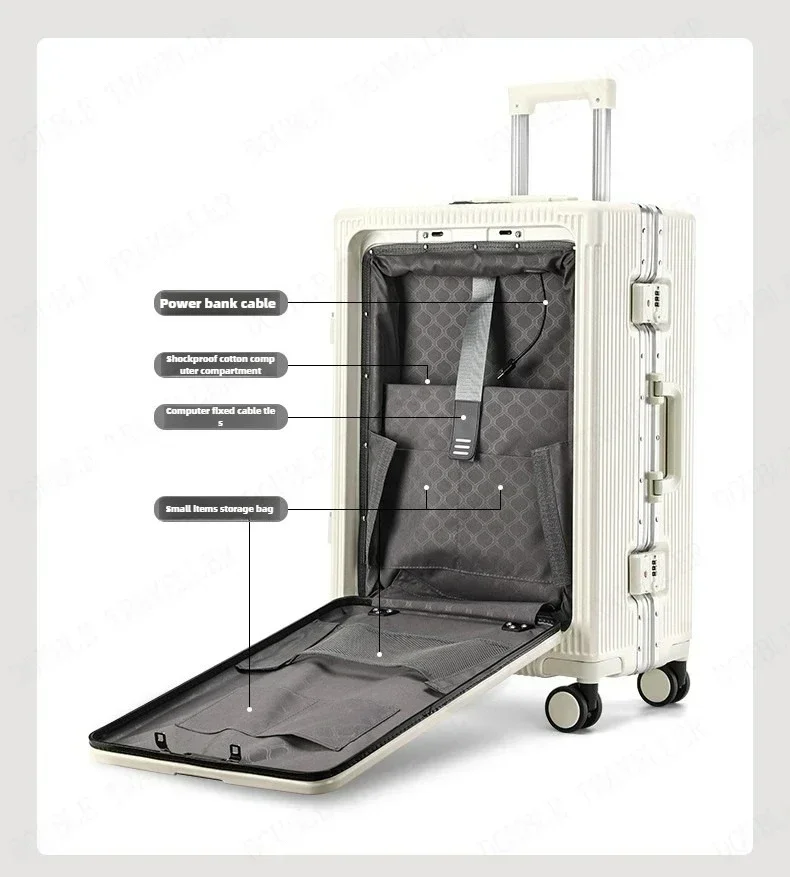 Front Opening Large Capacity Rolling Luggage Case Aluminum Frame Trolley Case Boarding Suitcase With cup holders