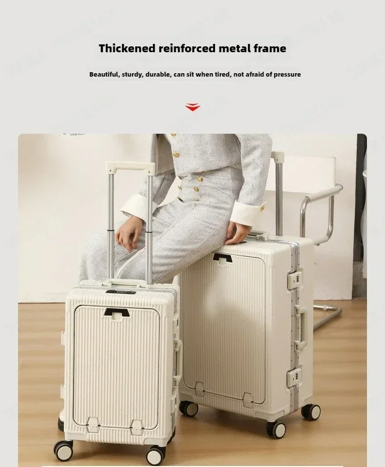 Front Opening Large Capacity Rolling Luggage Case Aluminum Frame Trolley Case Boarding Suitcase With cup holders