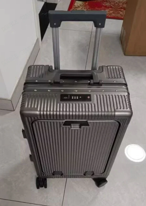 Front Opening Large Capacity Rolling Luggage Case Aluminum Frame Trolley Case Boarding Suitcase With cup holders