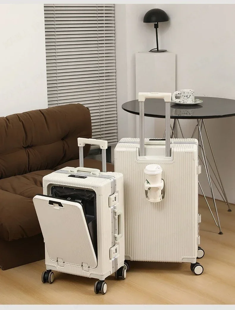 Front Opening Large Capacity Rolling Luggage Case Aluminum Frame Trolley Case Boarding Suitcase With cup holders