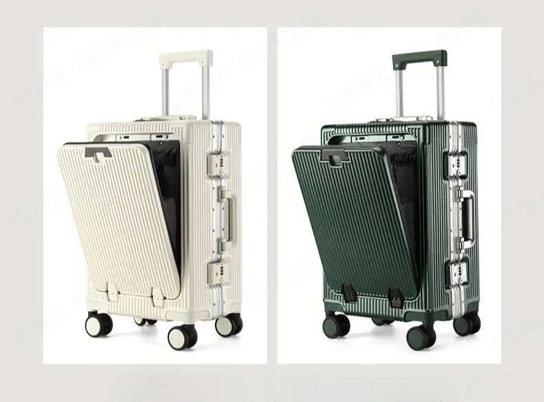 Front Opening Large Capacity Rolling Luggage Case Aluminum Frame Trolley Case Boarding Suitcase With cup holders